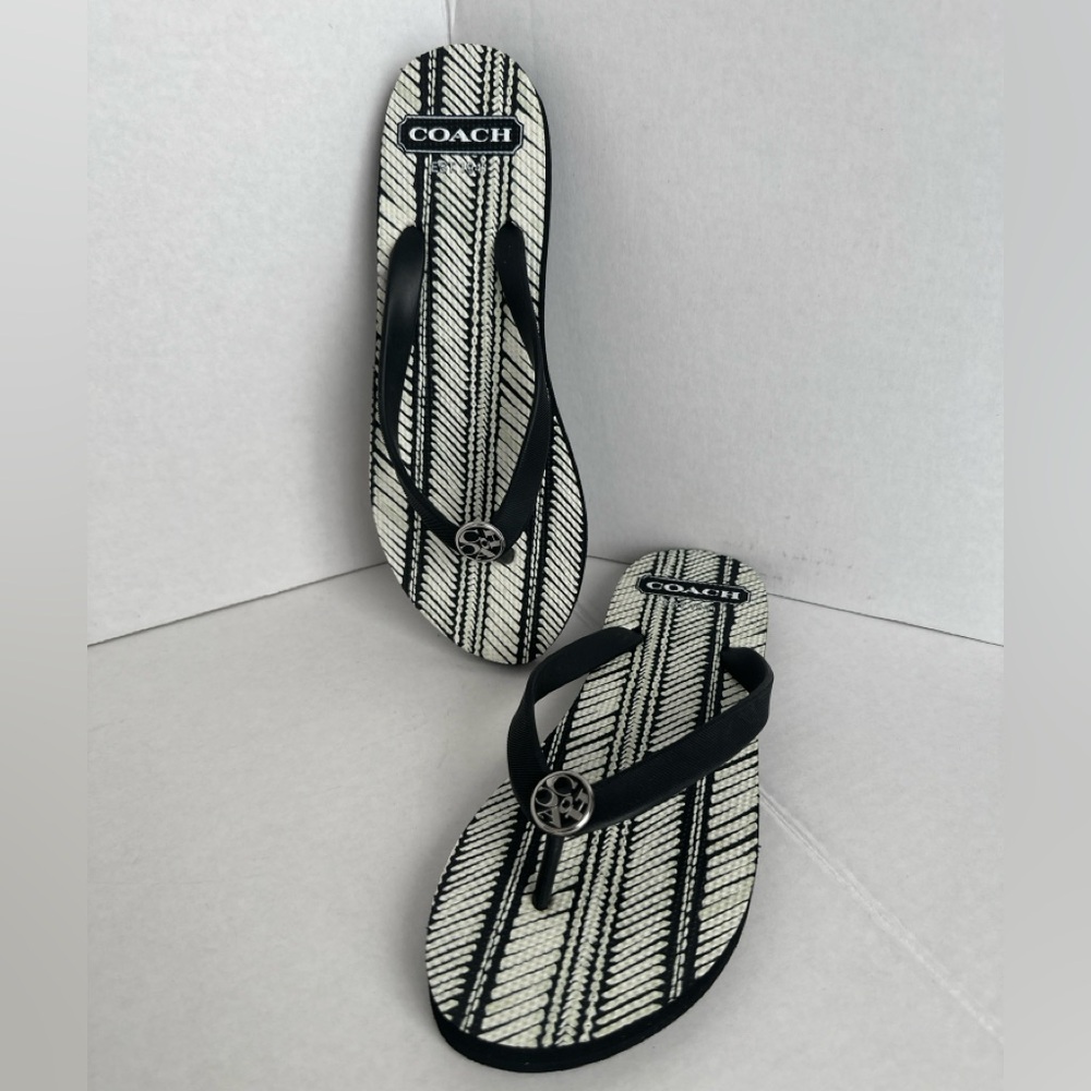 Coach Alessa Women’s Black & Chalk Flip Flops | Silver Hardware | Size 7/8 L